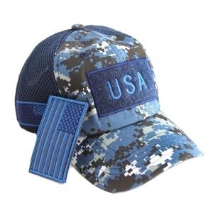 Blue Camo USA Mesh Flag Baseball Cap Removable Patch